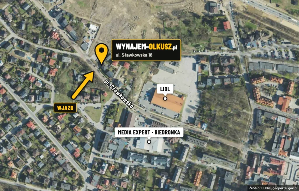 Mapa dojazdu do wypożyczalni sprzętu WYNAJEM-OLKUSZ.pl, ul. Sławkowska 18, Olkusz. Wjazd od ul. Sławkowskiej, w pobliżu Lidla, Media Expert i Biedronki.